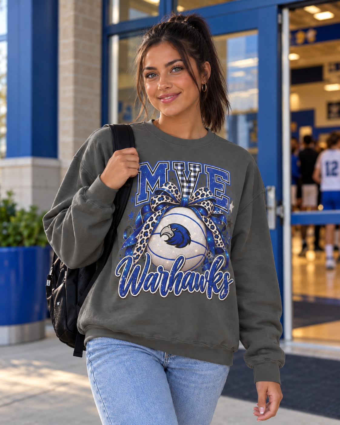 MVE Warhawks Glitter Basketball Bow Comfort Colors 1566 Crewneck Sweatshirt